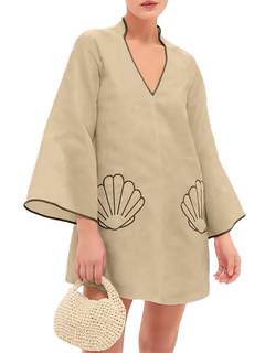 Women Shell Embroidery Beach Cover Up Mini Dress V Neck 3/4 Bell Sleeves Loose Fit…