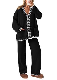 PRETTYGARDEN Women's Fall 2 Piece Knit Sweater Lounge Set | V Neck Button Down Cardigan…