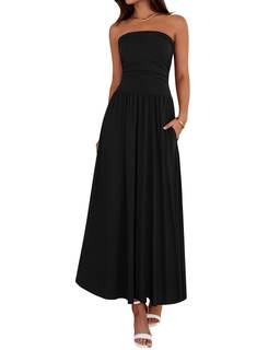 BTFBM Summer Maxi Dresses for Women Strapless Tube Top Dress | Sleeveless Ruched A Line…