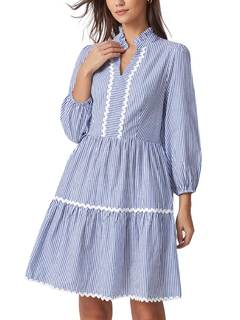 D-Sun Women 3/4 Long Sleeve Mini Dress Striped V-Neck Holiday Dress with Pockets Cotton…