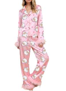 Aonoapll Women Christmas Feather Trim Pajamas Set 2 Piece Sleepwear | Cute Santa Print…