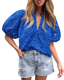 PRETTYGARDEN Womens Tops Boho Eyelet Puff Sleeve Blouse | Hollow Out Embroideried Cotton…