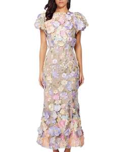 Women's 3D Floral Embroidery Dress Ruffle Sleeve Fishtail Lace Bodycon Party Cocktail…