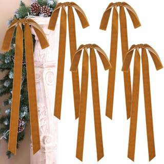 4 Pcs Khaki Velvet Christmas Bows 23.6×8.7 Inch Christmas Wreath Bows Rustic Crafts Gift…