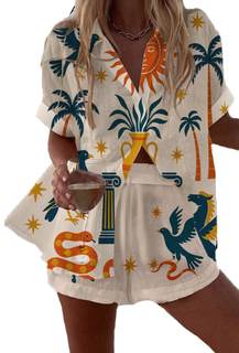LOVESHOOT 2 Piece Short Sets for Women Summer Boho Short Seeve Botton Down Shirts…