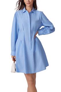 D-Sun Women Shirt Mini Dress Striped Button Down Long Sleeve Pleated Dress Blue Small