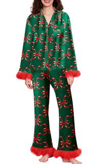 KMBANGI Women Feather Trim Pajama Set Long Sleeve Button Up Top Pants 2Piece Lounge Set…