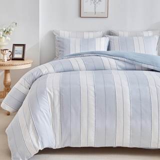 WARMDERN Blue Striped Boho Duvet Cover Set Queen Size, Knit Weave, 3-Piece | Textured…