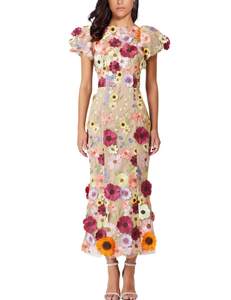 Women's 3D Floral Embroidery Dress Ruffle Sleeve Fishtail Lace Bodycon Party Cocktail…