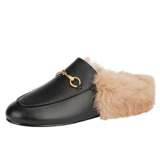 Arqa Fur Mules for Women Comfortable Leather Buckle Mule Flats Furry Padded Backless…