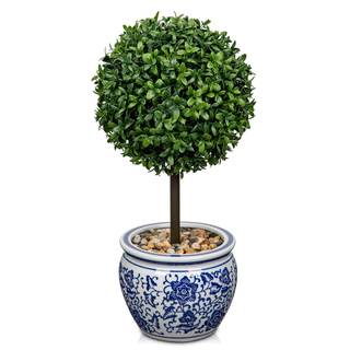 DILATATA Artificial Topiary Boxwood Ball in Blue and White Ceramic Pot, 16 Inch…