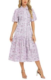 Ladyful Women's Floral Midi Dress Puff Short Sleeve Long Cotton Shirt Dress | Collared…