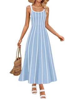 ZESICA Womens Summer Sleeveless Striped Vacation Midi Dress | A-Line, Ribbed Knit, Swing…