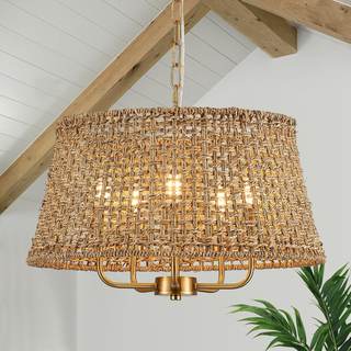 19.7" Boho Rattan Chandelier, 5-Light Gold Wicker Light Fixture | Hand-Woven Rattan…