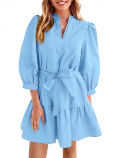 Cicy Bell Womens Puff 3/4 Sleeve Mini Dresses Bow Tie Waist Short Dress | V Neck, Ruffle…