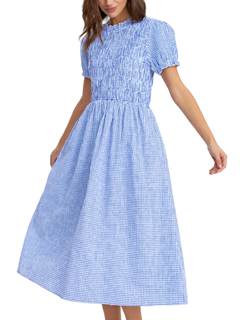 Women Summer Dress Puff Short Sleeve Plaid Flowy Boho Beach Dress Gingham Smocked…