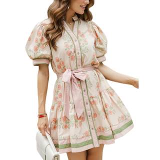 Womens Summer Floral Mini Dress Short Puff Sleeve Dresses | V Neck, Button Down…