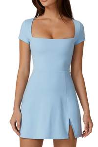 QINSEN Womens Square Neck Tennis Dress Short Sleeve Built in Shorts Golf Athletic Dress…