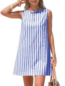 EXLURA Women Summer 100% Cotton Faux Linen Dresses Sleeveless Striped A-Line Mini…