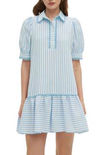 EZAPINE Women Striped Shirt Dress Summer Button Down Collared Short Puff Sleeve Ruffle…