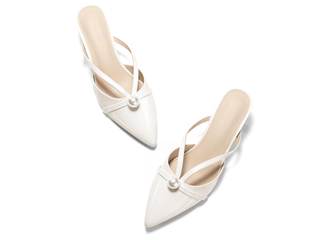 Coutgo Womens Pearl Kitten Heels Mules Closed Pointed Toe Sandals Satin Wedding Party…